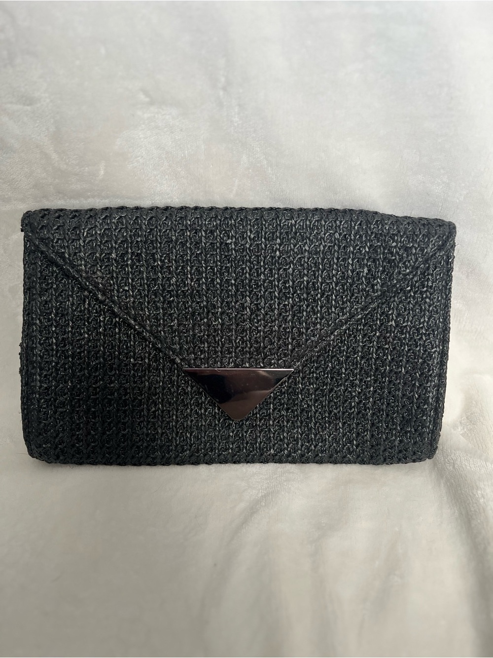 Woven Black Envelope Clutch with Triangular Metal Accent